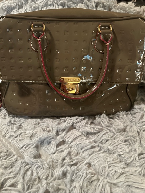 Arcadia Handbags - Arcadia Olive Patent Satchel with Red-Trim Handles